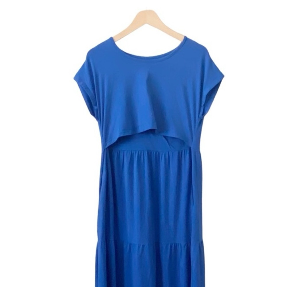 Latched Mama cotton, tiered, royal blue maxi nursing dress.